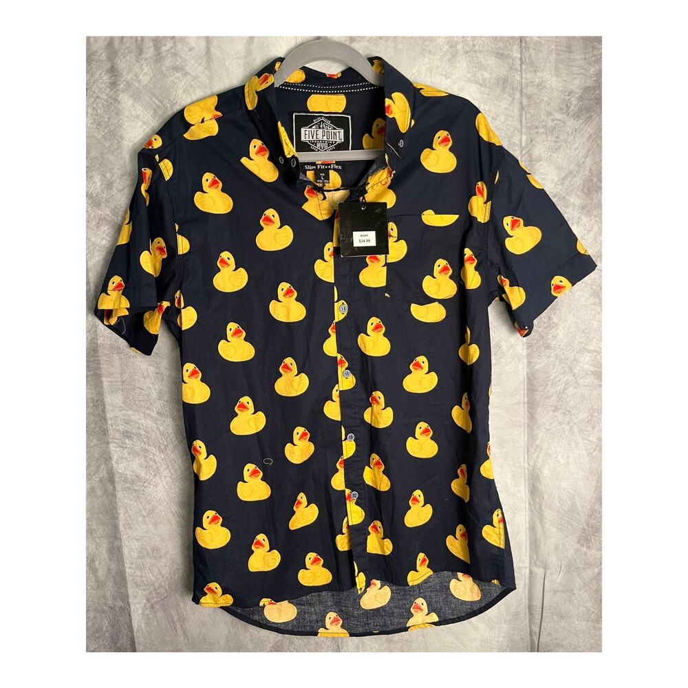 Men’s Rubber Duck Shirt Slim Fit Flex Button Down Short Sleeve NWT Size Large